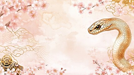 Obraz premium Intricate illustration of a snake amidst delicate cherry blossoms.