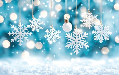 Festive Winter Wonderland Sparkling Snowflakes Ornament Hanging Against a Blue Bokeh Background