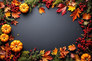 Autumn-themed background with pumpkins, leaves, and red berries on dark surface.