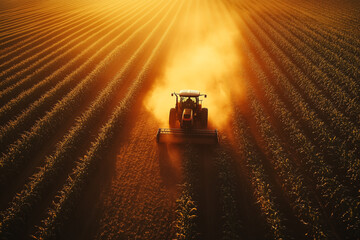 Tractor Harvesting Crops in Golden Sunset Over Endless Cornfield