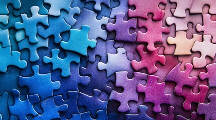 Colorful jigsaw puzzle pieces scattered in vibrant shades of blue and purple