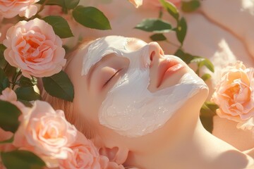 Fototapeta premium Serene Woman Relaxing with Floral Face Mask Enjoying Natural Beauty Pampering Ritual