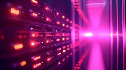 Obraz premium Modern server room with glowing pink and red lights, symbolizing data storage, information systems, and high-tech infrastructure Background Copy space for text 