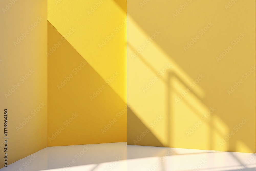 Poster Abstract yellow wall background with geometric light and shadow patterns.