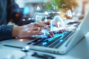 Hands typing on a laptop with glowing cloud storage icons on a blurred light background. Concept of data storage and cloud computing.