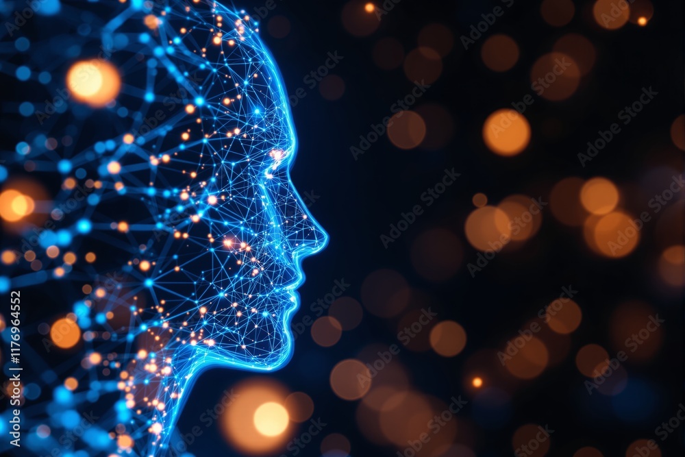 Aufkleber Digital human face composed of glowing neural connections and network nodes on a dark background.
