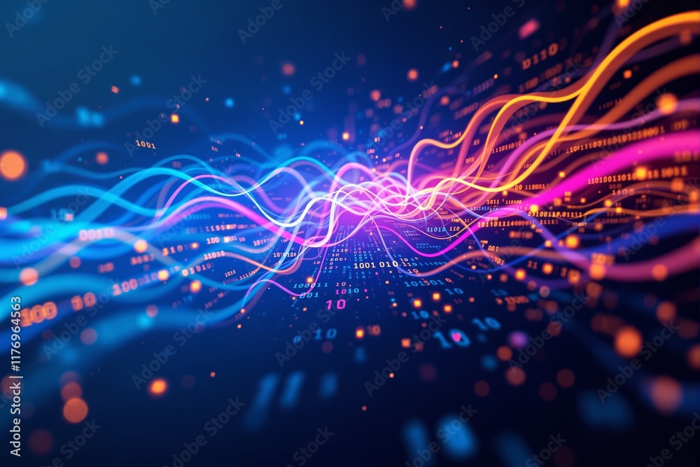 Poster Abstract glowing data streams and binary code on a dark background.