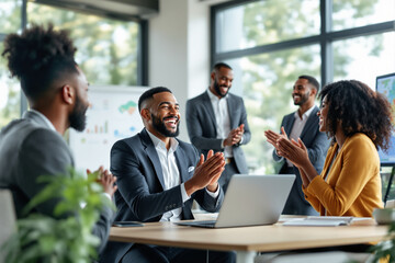 Business team celebrating success in modern office environment.
