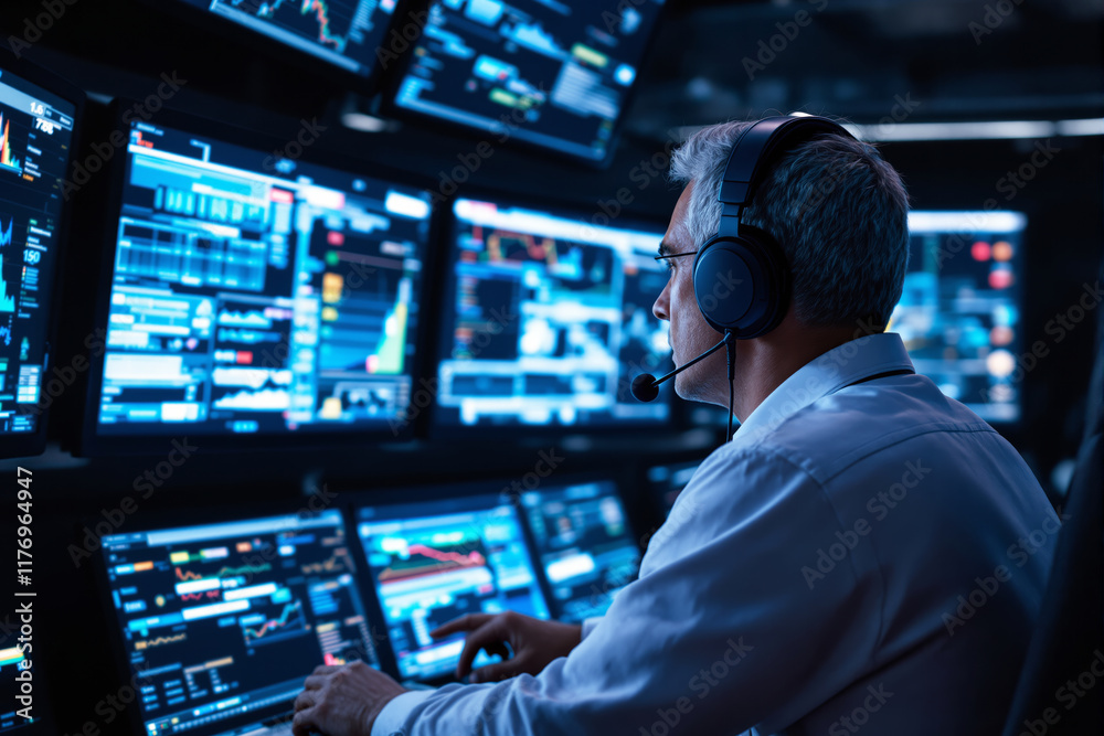 Aufkleber Professional man monitoring multiple screens in a control room.