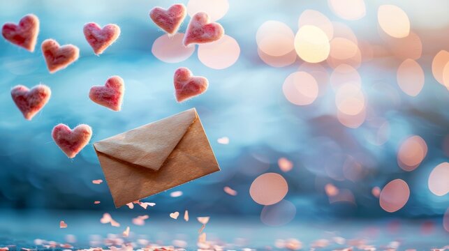 Charming love letter surrounded by floating hearts on a colorful dreamy background