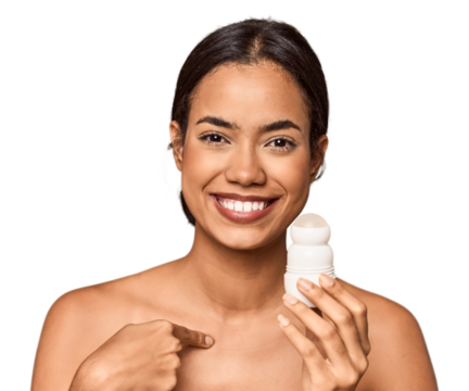 Filipino woman holds deodorant in studio person pointing by hand to a shirt copy space, proud and confident