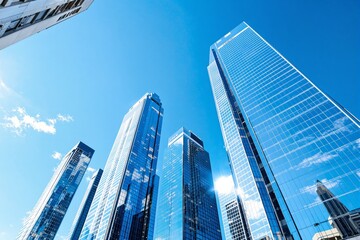 Naklejka premium Modern glass skyscrapers in sunlight against a clear blue sky.