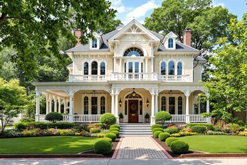 Obraz premium Elegant Victorian-style house with lush landscaping and a charming front porch on a sunny day.