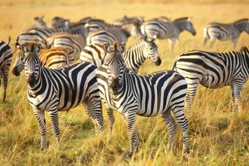 Fototapeta premium A herd of zebras grazing in a golden grassland under bright sunlight.
