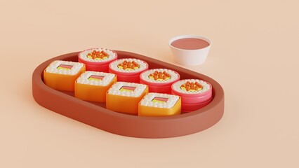 3d sushi set with soy sauce illustration on isolated background with space for copy