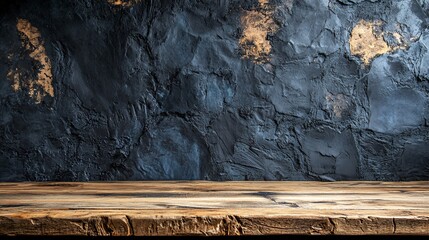 Rustic wooden table against a textured dark wall in a modern interior design setting