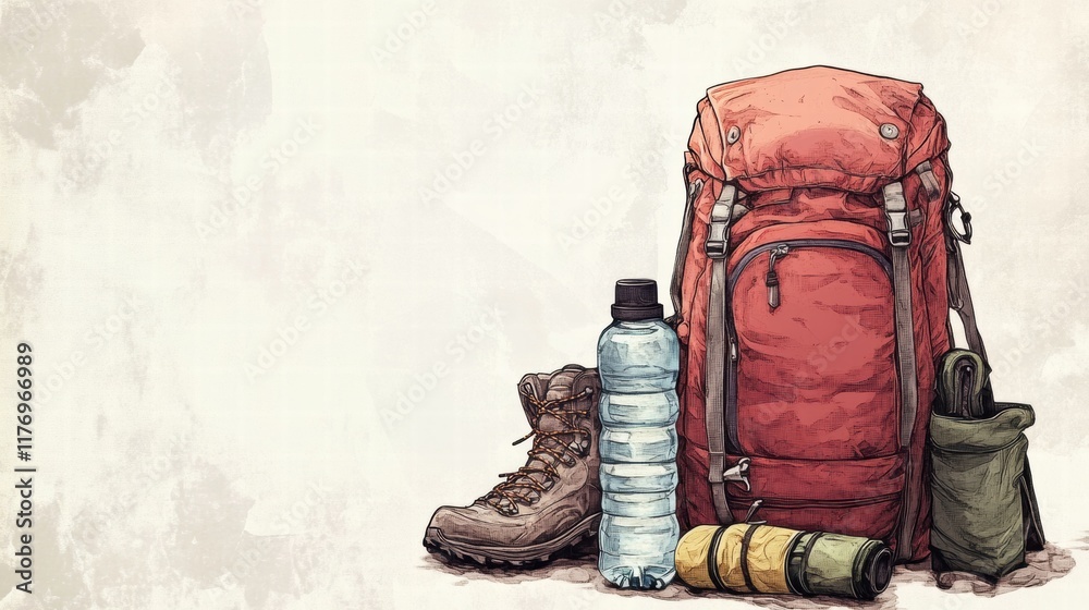 Poster Essential gear for backpacking adventures with empty space for personal notes. Generative AI