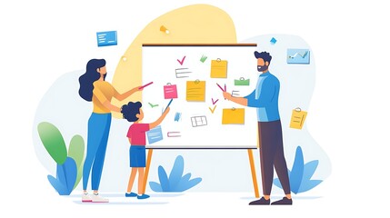 A mother and father helping their child set educational goals, with a whiteboard and colorful markers in the background