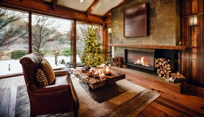 Fototapeta premium A fireplace room creates a cozy ambiance for gatherings. 