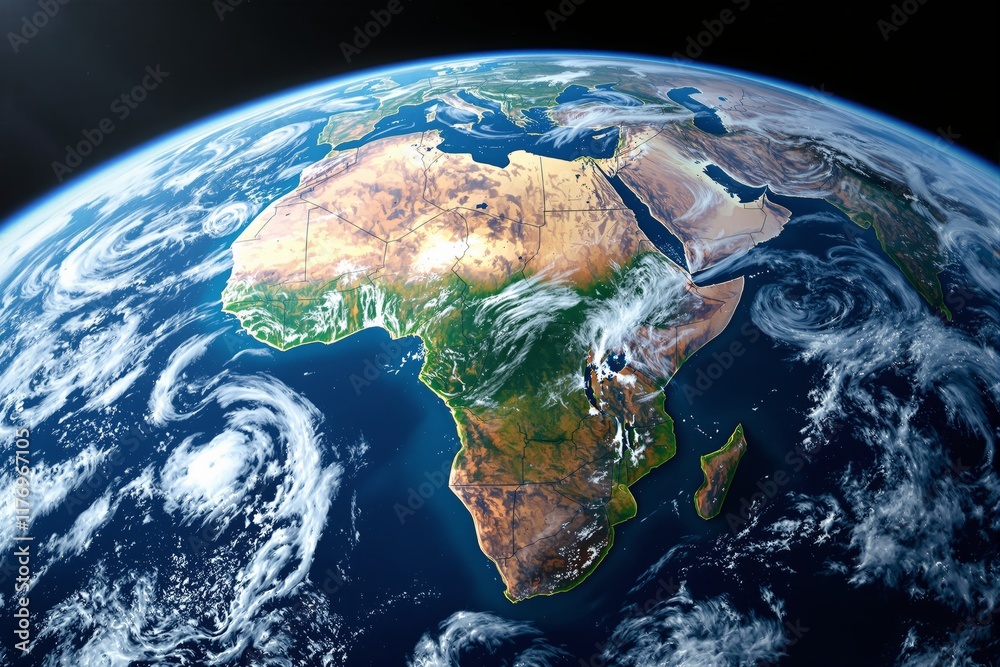 Poster view of earth from space showing africa and surrounding oceans, with swirling clouds in the atmosphe