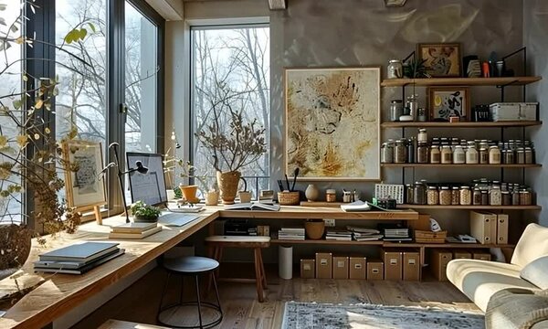 A serene workspace bathed in natural light, featuring large windows that frame a tranquil outdoor view. The room is adorned with minimalist wooden furniture, generated with ai