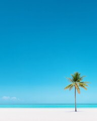 Obraz premium Solitary Palm on Pristine Beach with Vibrant Turquoise Sea and Clear Blue Sky