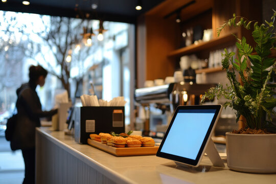 A woman is standing in front of a counter with a tablet on it - Powered by Adobe
