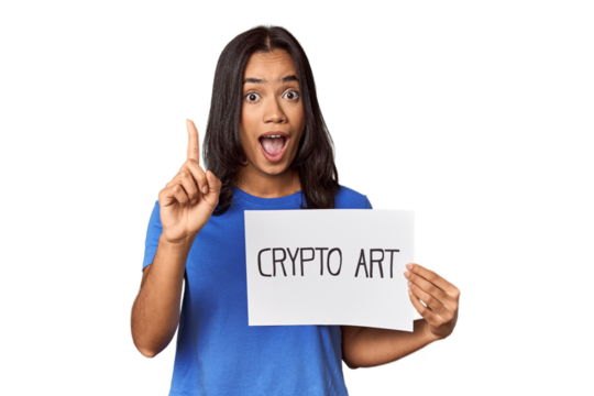 Woman with "crypto art" sign in studio having an idea, inspiration concept.