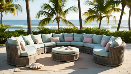 Obraz premium An elegant outdoor wicker sectional sofa set arranged in a semi-circle on a beach patio