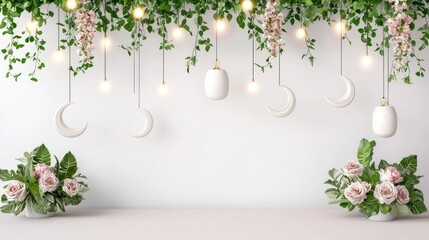 Fototapeta premium Elegant floral backdrop with hanging lights and crescent decorations.