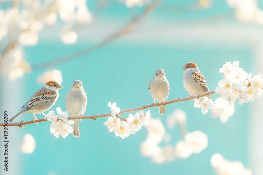 Poster charming sparrows on blossoming branch in morning light spring wildlife serenity