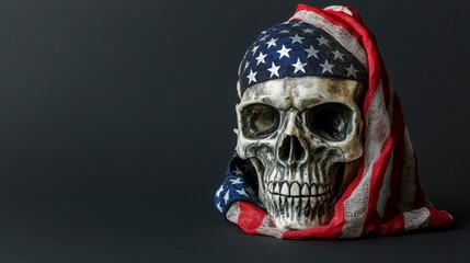 Skull wrapped in the American flag, symbolizing patriotism, mortality, and the enduring strength of national identity Copy space for text 