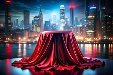 Red Silk Draped Presentation Pedestal: Double Exposure Stock Photo