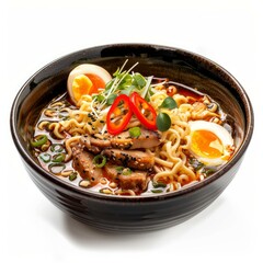 Ramen noodle soup with sliced pork, boiled egg, chili peppers, and fresh herbs served in a traditional bowl