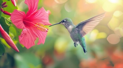 A hummingbird hovering near a vibrant pink flower in a lush garden setting.