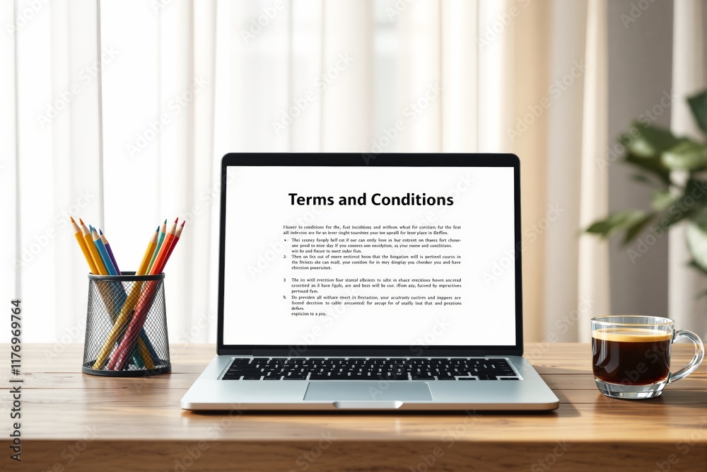 Poster laptop displaying terms and conditions document on wooden desk with colorful pencils and coffee cup,
