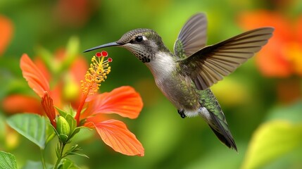 Fototapeta premium Hummingbird hovering near vibrant red hibiscus flowers in a serene natural setting