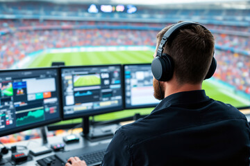 Sports analyst monitoring live game data in a stadium.