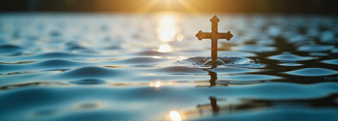 Wooden cross floating on calm water at sunset with golden reflections