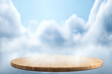 Wooden Table with Sky Blue Cloud Texture Background - Perfect for Product Mockups