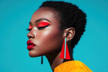 Fashion model posing with eyes closed, red lipstick and bright makeup