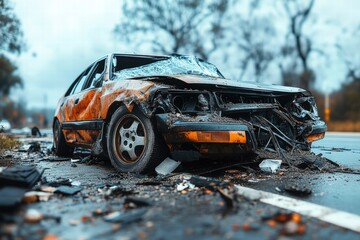 Fototapeta premium Abandoned Car on a Rainy Street Surrounded by Nature, Illustrating the Passage of Time and Neglect in Urban Environments