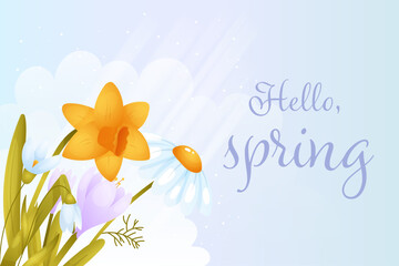 Hello, spring. Poster, banner horizontal blue with flowers. Vector illustration