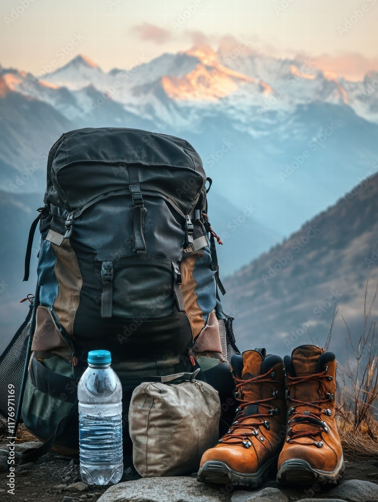Aufkleber Backpacker gear arranged for adventure in the mountains during early morning light with scenic views. Generative AI