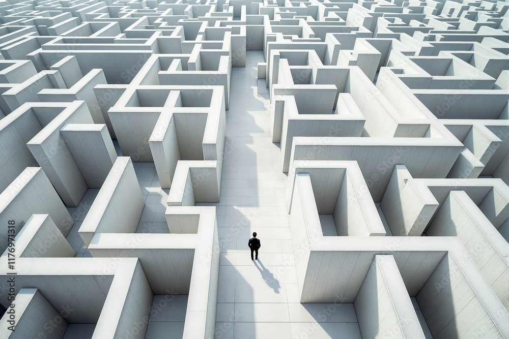 Poster Aerial view of a person walking in a large white maze under bright light on a clean background. Concept of challenge and decision-making.