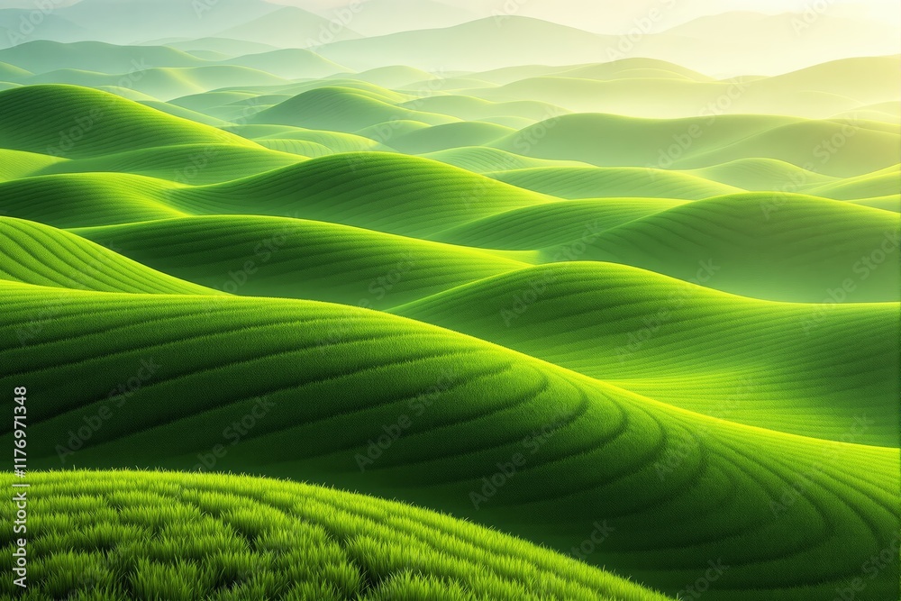 Poster Abstract green hills with soft light in the background.