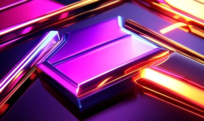 Abstract chrome box with pink and gold lines on dark surface.