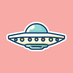 Flat Disc-Shaped UFO with Lights on Pink Background - Cartoon Illustration