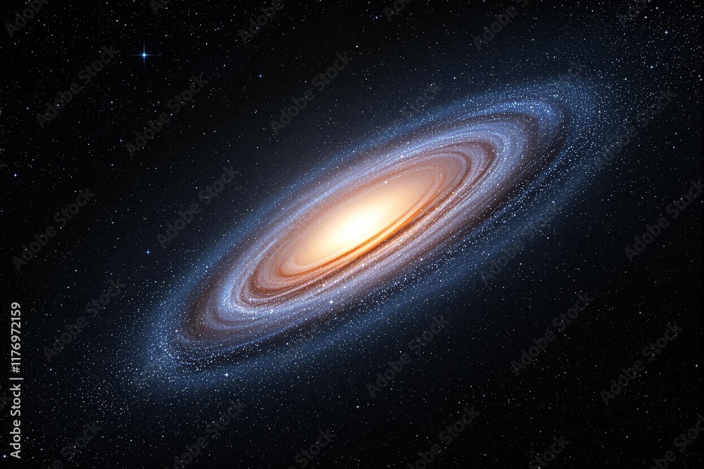 Poster bright galaxy illustration with glowing core and spiral arms in deep space.