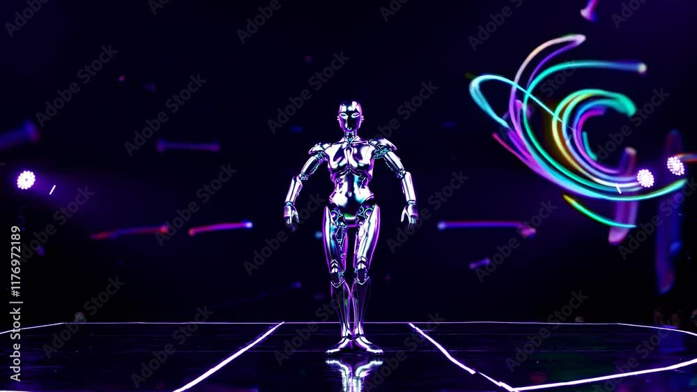 Poster dancing robot performs dynamic routine with colorful light display in energetic environment
